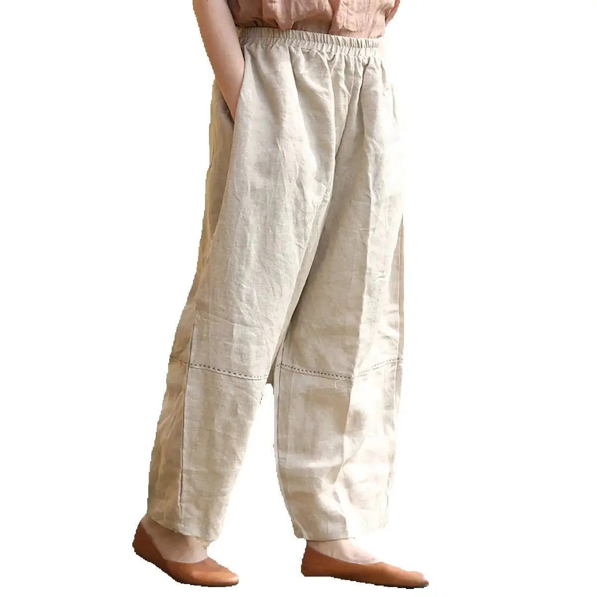 

LZJN Spring/Summer Cropped Pants with Elastic Waist, Solid Color Harem Pants, Versatile Wide-leg Pants, Casual Loose Fit Pants