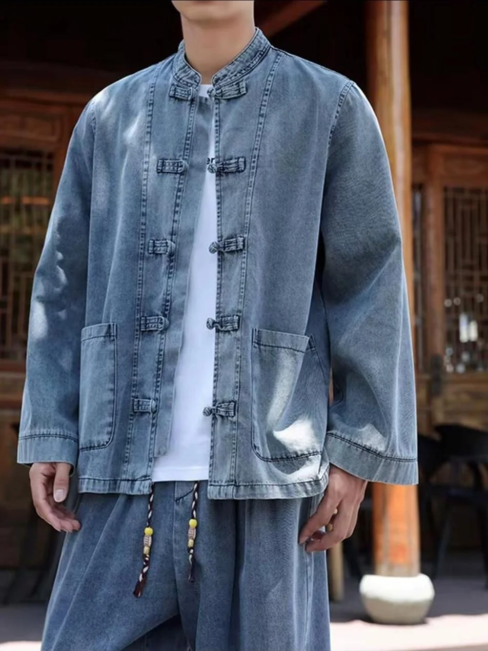 

Shixin Chinese Style Retro Buttoned Denim Tang Suit Jacket Shirt Straight Leg Long Pants Two Piece Set for Men Autumn New Arr...