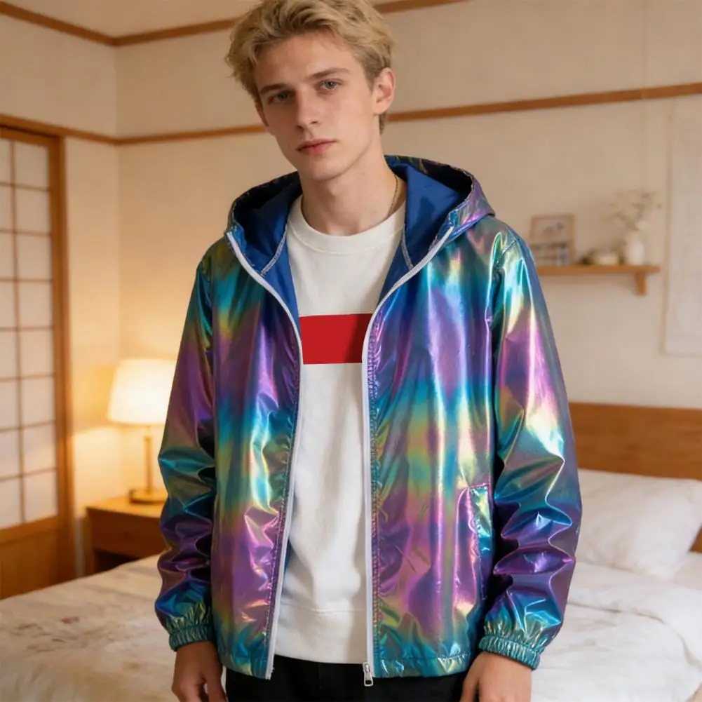 Reflective Panel Coat Men Jacket Glittery Reflective Panels Hooded Zipper Disco Coat Decorative Cuffs Parties Nightclubs Wear