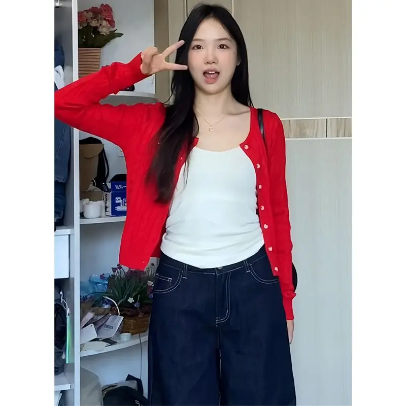 

Autumn Woman's Clothes Korean Style Fashion Jujube Red Outerwear Slim Fit Elegant Grace Knit Cardigan Top Solid Color Niche Ins