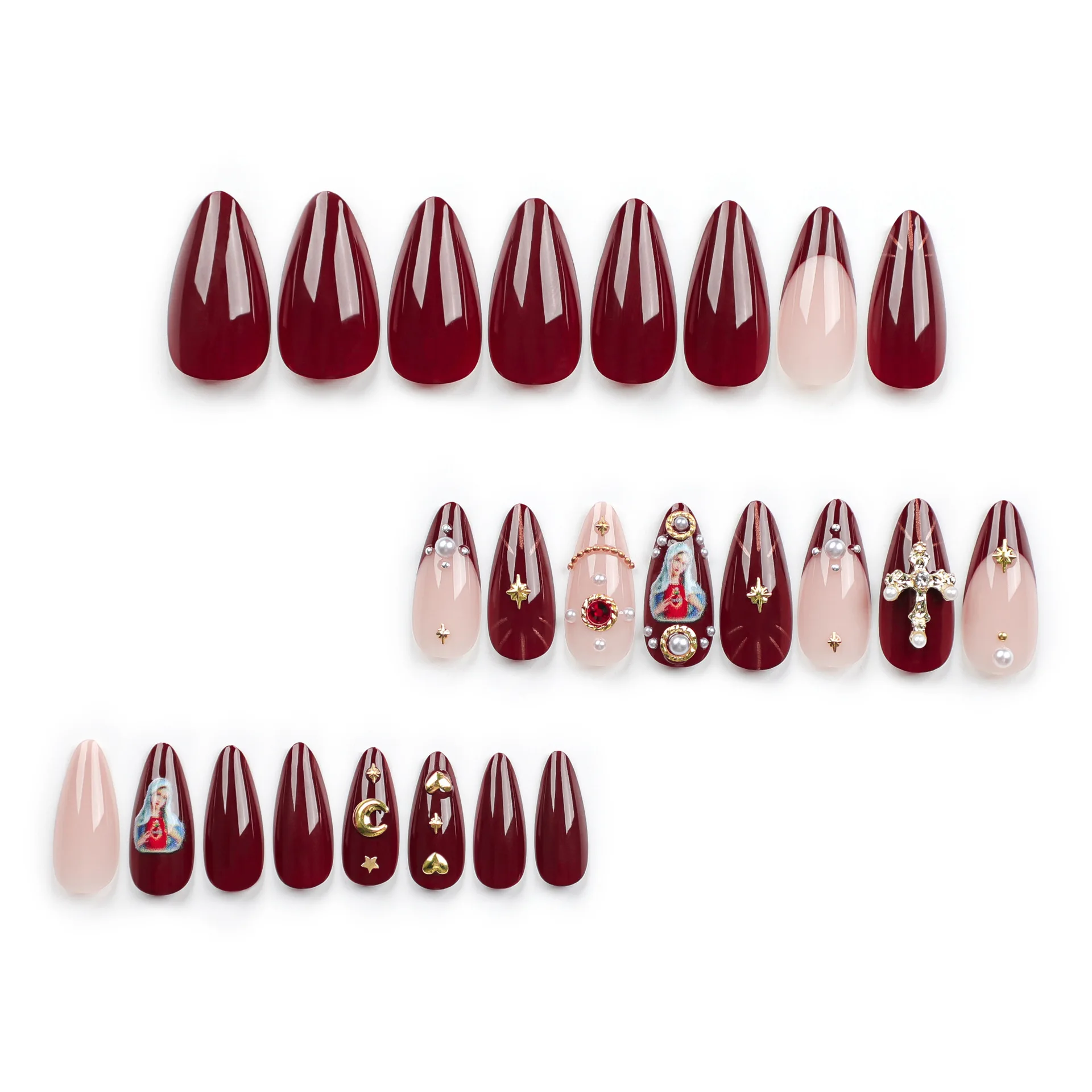 Wine Red Winter Pressing Nail Pearl Cross Girl Nail Almond Nail Flakes 24 pieces Fully finished fake nails