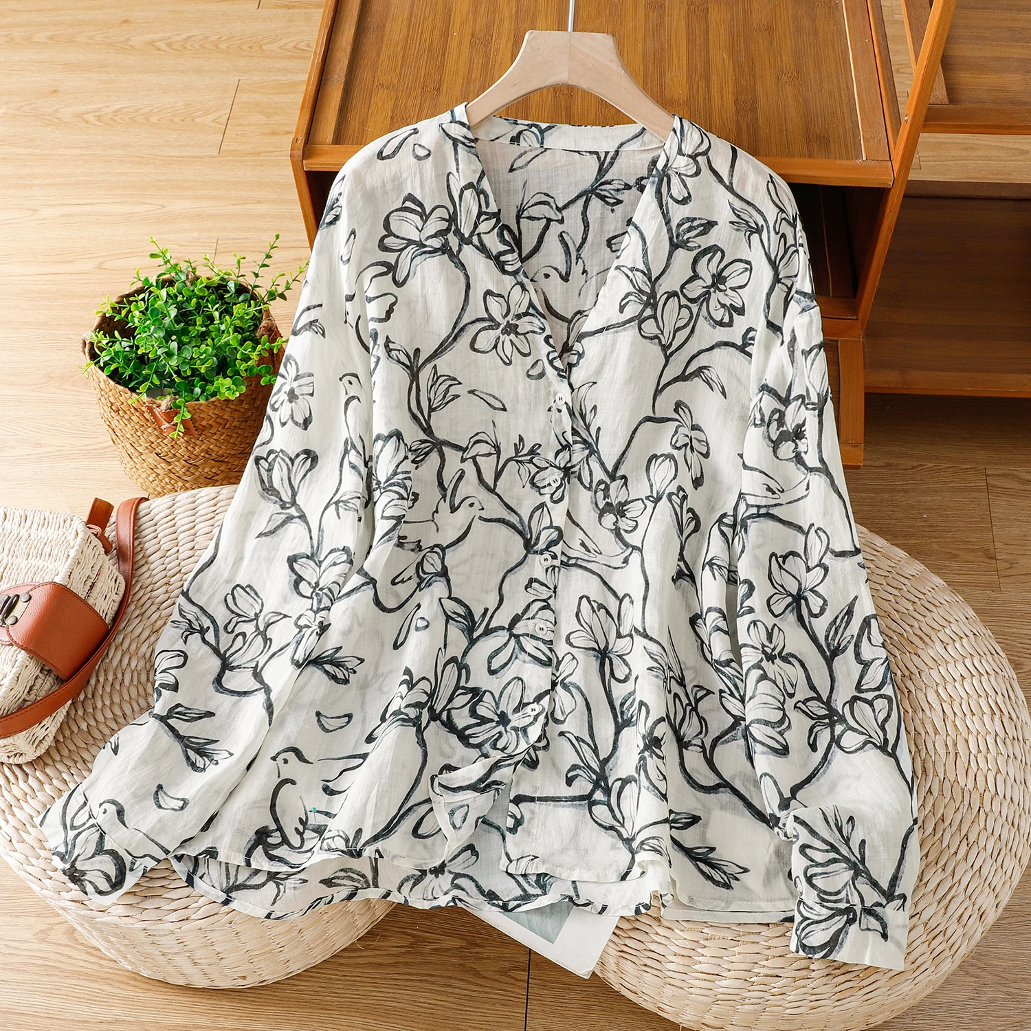 

Spring Autumn Loose Fit Cotton Polyester Blend Long Sve Printed Flax irt Women's Faionable Casual Thin Top