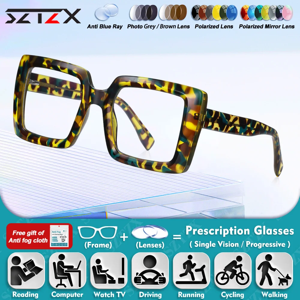 

SZTZX Trendy Square Photochromic Prescription Myopia Glasses High Quality Blue Light Filter Progressive Reading Eyeglasses Women