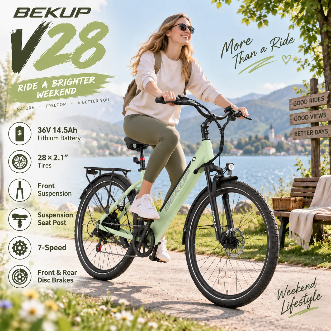 Bicicletta elettrica da città BEKUP V28 per adulti, 28 pollici, motore posteriore da 250 W, batteria al litio da 36 V e 14,5 Ah, autonomia di 75 km, assistenza alla pedalata, 7 velocità, freni a disco