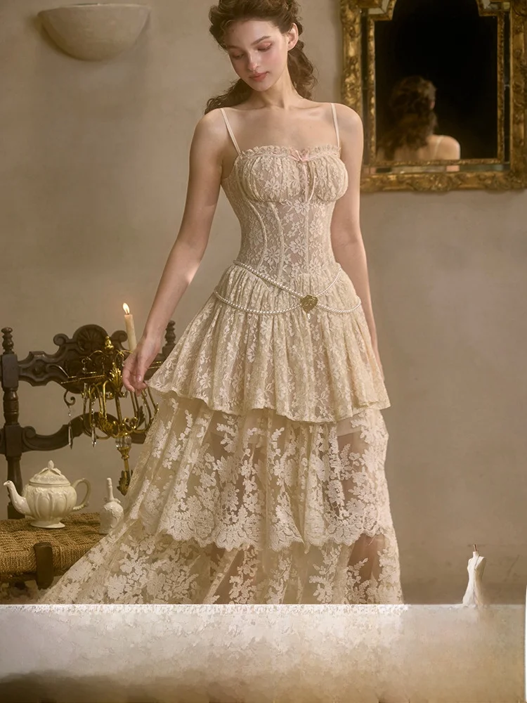 Ensemble jupe Dr en dentelle brodée douce et lourde, t-shirt façons de porter une jupe princesse française d'été sans col carré Sve