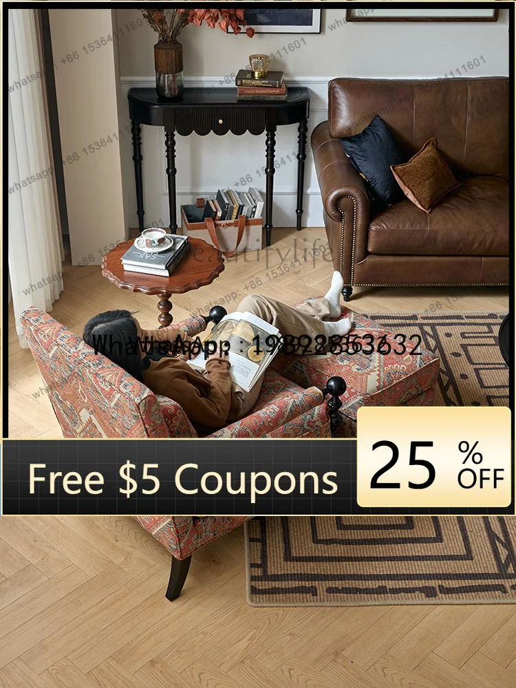 

Американский тканевый диван в стиле ретро, одноместный стул из цельного дерева для гостиной, ленивый одиночный стул