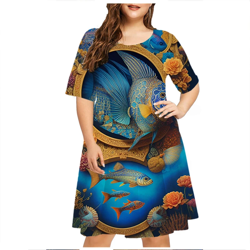 Women Sea 3D Fish Print Dress Summer Fashion Short Sleeve A-Line Dress Short Sleeve Loose Beach Style Casual Dress Plus Size 6XL