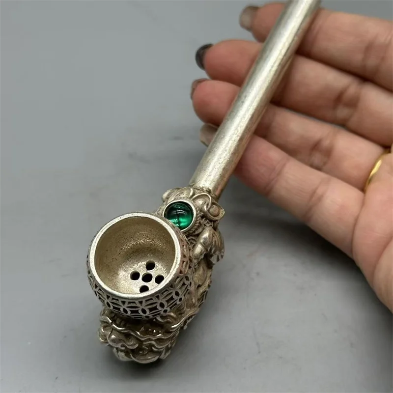 Little Fairy/Antique White Copper Lucky Pixiu Inlaid with Gemstones Straight Cigarette Rod Craft Home Decoration Ornaments Gifts