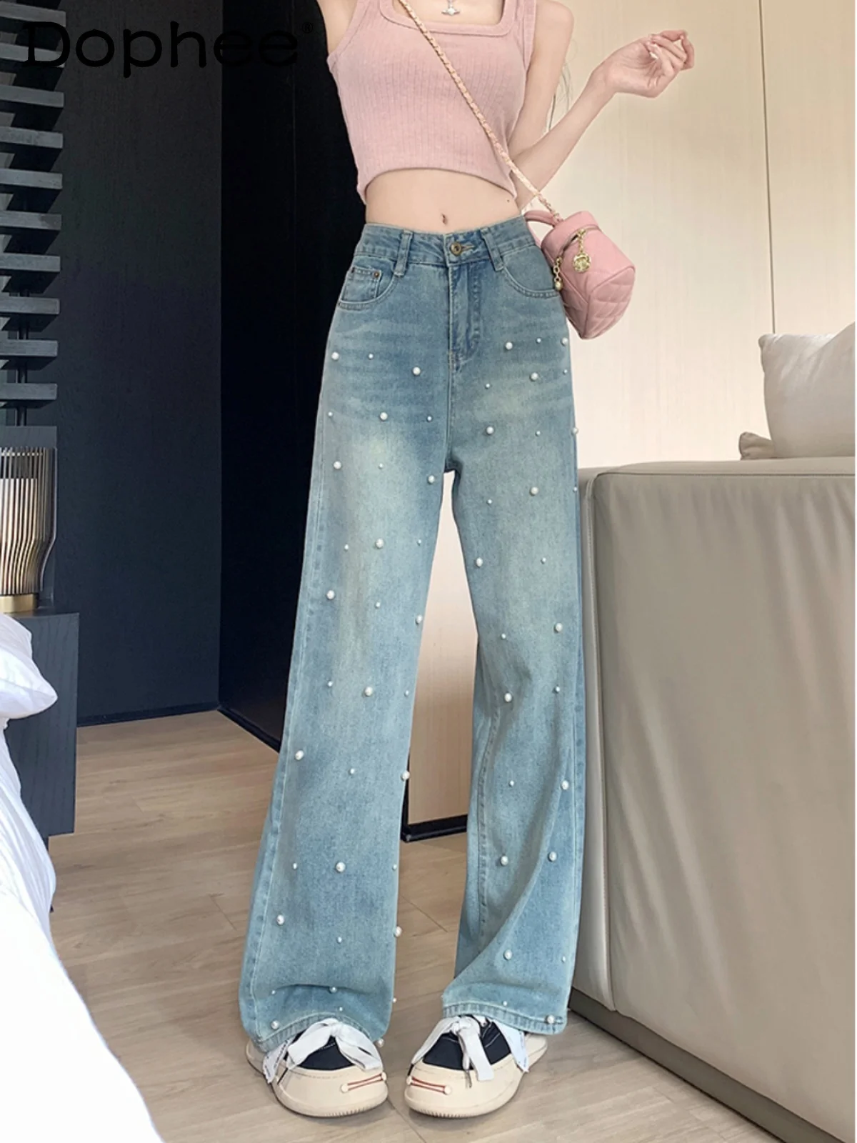 

Heavy Industry Pearl Straight Jeans Women Spring and Autumn Pants High Waist Loose Wide Leg Pants Female Mop Trousers