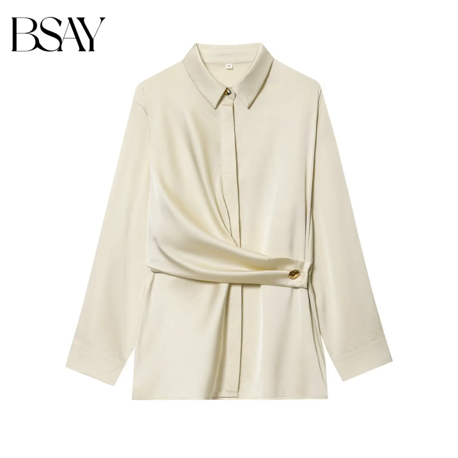 

BSAY атласная текстурированная рубашка для женщин, модная осенне-зимняя новая однотонная однобортная блузка с длинными рукавами и лацканами, шикарный женский топ
