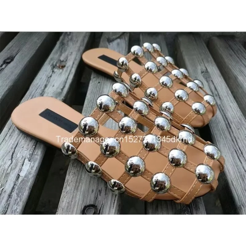 Women Beach Slippers Rivet Flat Summer Slippers Square Cover Toe House Slippers Women Pearl Plus Size 44 Girls Shoes Women