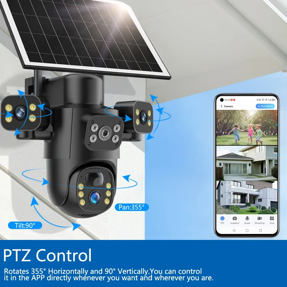 8K 15MP 4G SIM Solar Camera Outdoor 3 Lens 3Screen Surveillance CCTV PTZ PIR Detect Auto Tracking Solar Security Camera V380 Pro