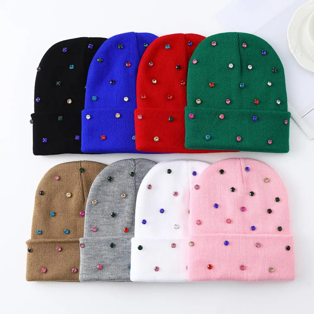 Cozy Headwear for Wear Colorful Rhinestone Knit Hat Women’s Sparkly Winter Soft Stretchy Cozy Cap for Weather for Women
