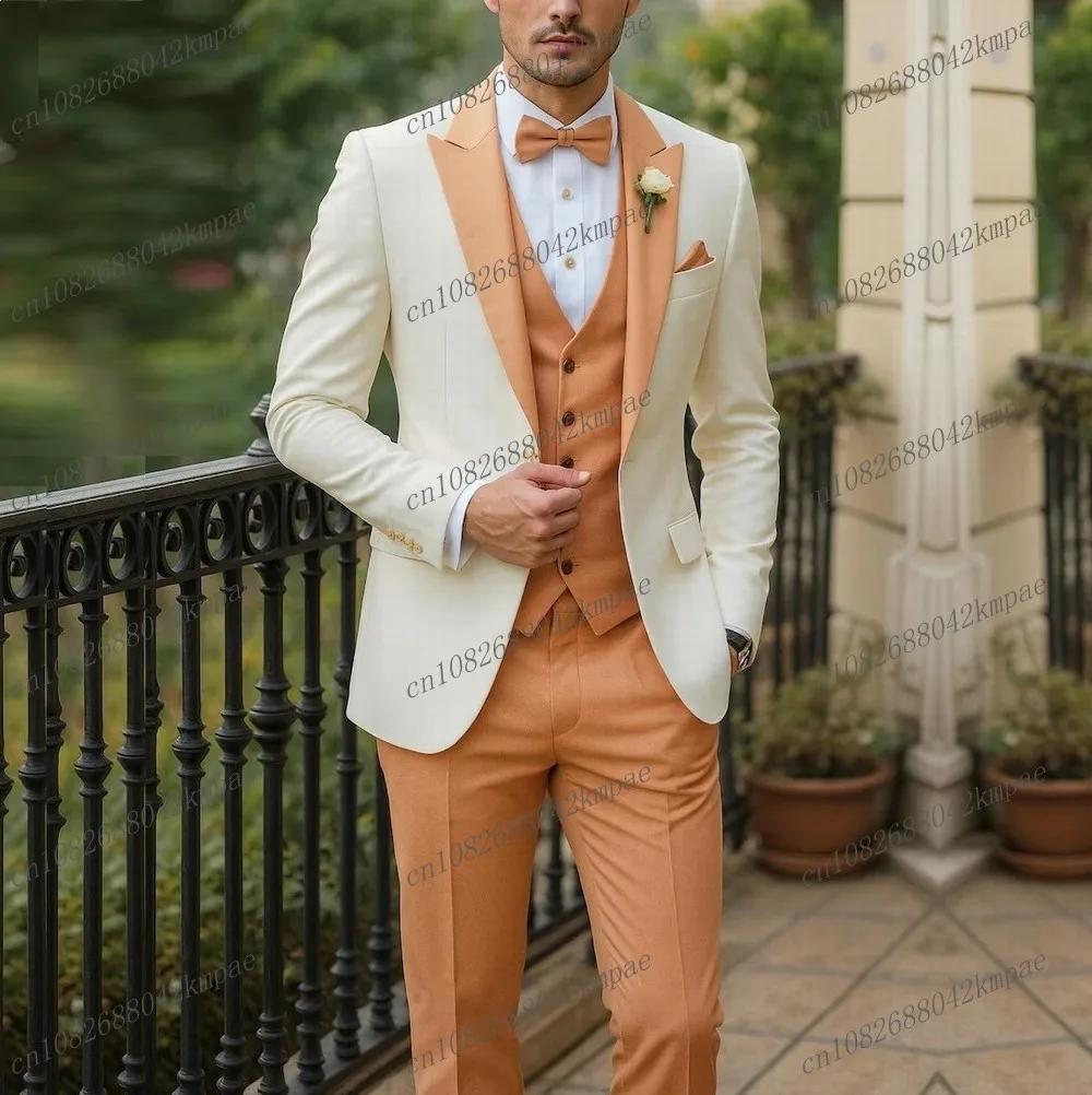 

New Ivory And Orange Formal Men Suit Groom Groomsman Wedding Party Prom Business Male Tuxedos 3 Piece Set Blazer Vest Pants