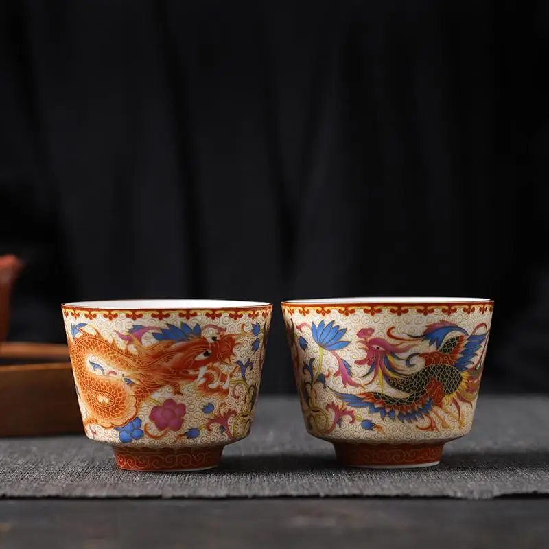 Jingdezhen Chinese Style Ancient Enamel Color Tea Cup Tea Cup Master Cup Dragon and Phoenix Pair Cup Kung Fu Sample Tea Cup Set