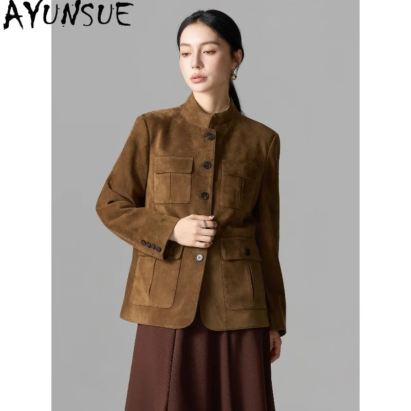 AYUNSUE Real Leather Jacket Woman Mid-length Stand Collar Outerwear Luxury Retro Suede Jackets for Woman Clothes Куртка Женская