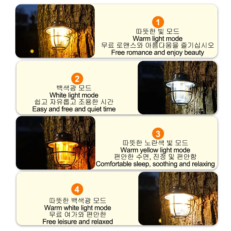 Portable Camping Lamp Retro Hanging Tent Lamp Stepless Dimming Camping Light LED Waterproof Rechargeable Emergency Light 1200mAh