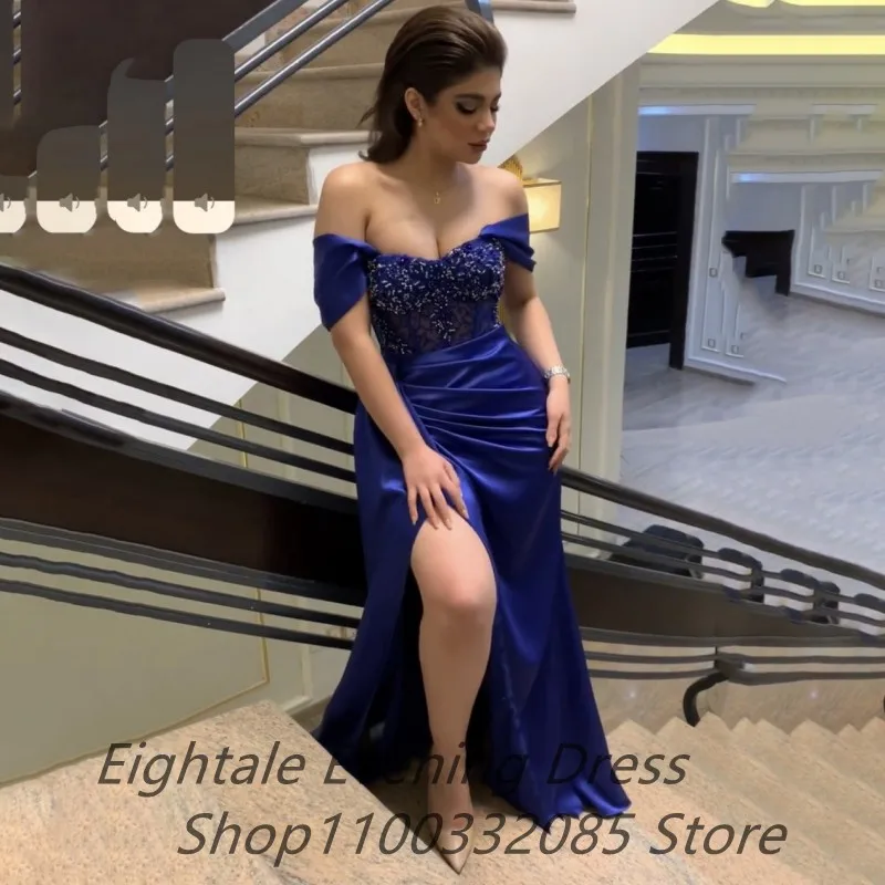 Eightale Blue Mermaid Evening Dress Off Shoulder Slit Satin Beading Dress Arabic Formal Prom Party Gown Celebrity Dress