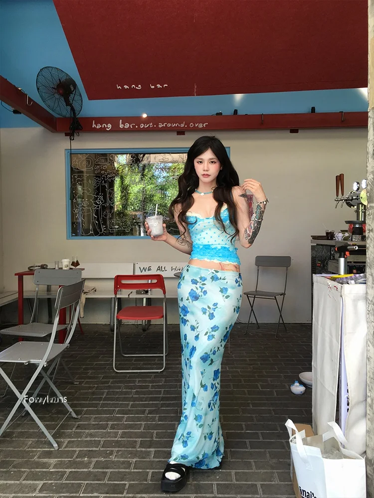 

Юбка Forlions с принтом тайских роз, кружевная, милая, нежная, приталенная, с низкой талией, длинная, А-силуэт