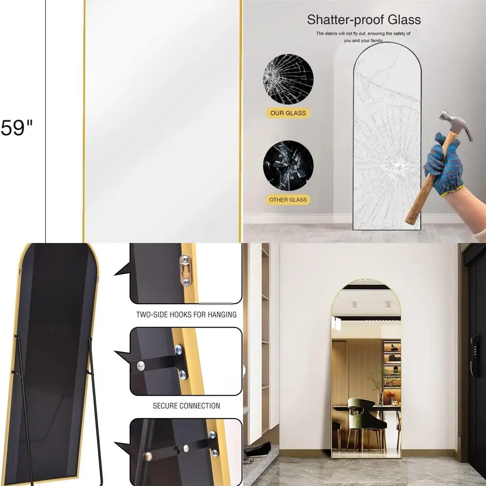 مرآة واقفة ذهبية أنيقة، بطول كامل مع تصميم مقوس لديكور المنزل #1