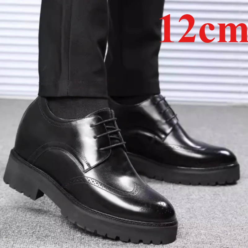 Height Increasing Shoes for Men's Dress Elevator Shoes 12cm Increased Genuine Leather Carved Design Thick Platform Wedding Shoes