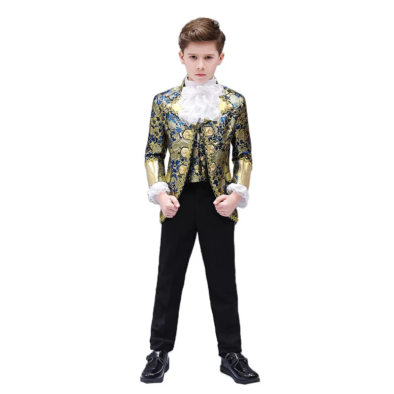 Boys Tuxedo Suit Children's Slim Fit Court Prince Embroidery Dress For Prom Party Wedding Kids Drama Stage Performance Costume