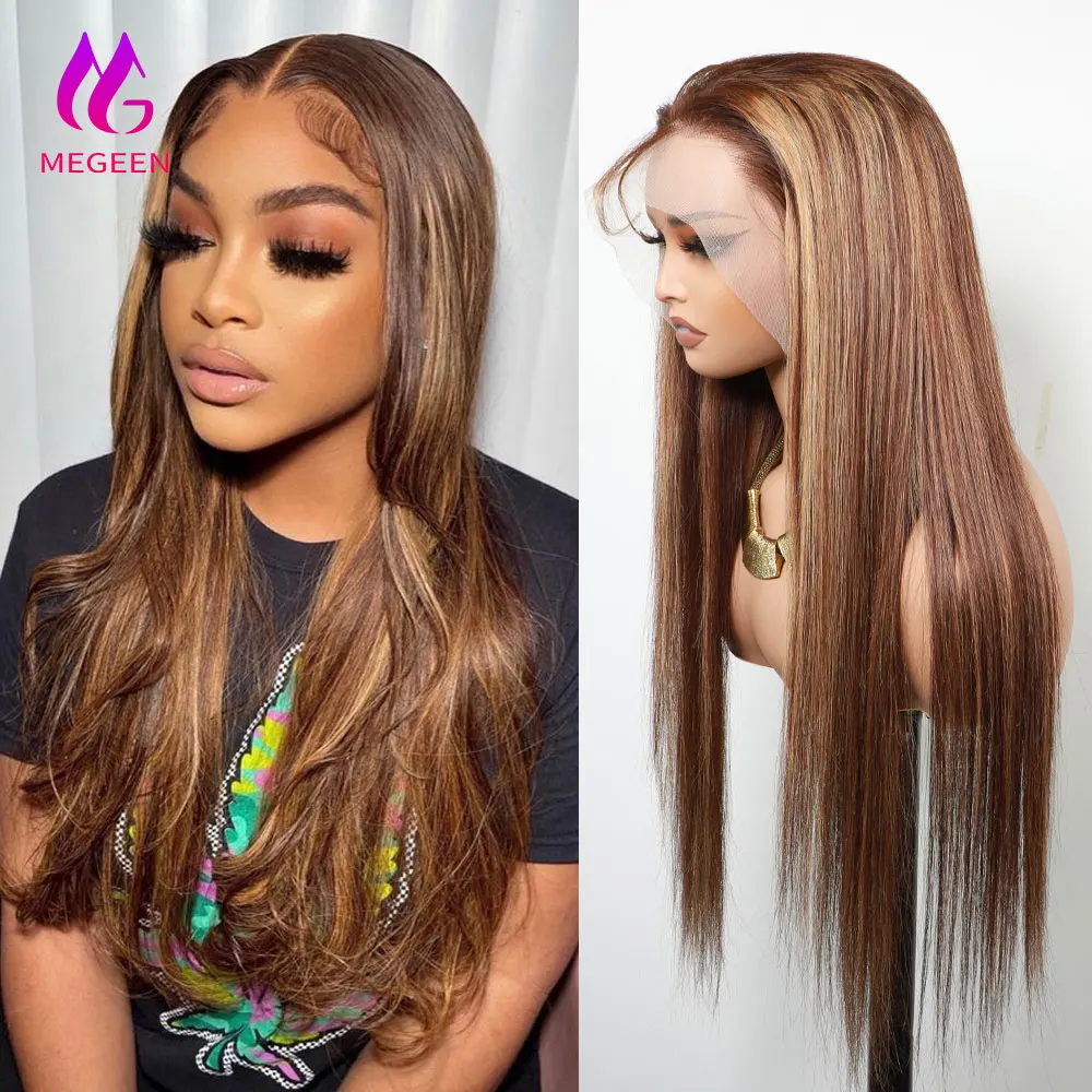 Megeen 26 Inch Ombre Highlight 13x4 Lace Front Wigs Human Hair Transparent Straight Lace Front Wigs PrePlucked P4/27 Colored Wig