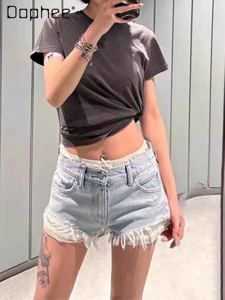 

Fake Two-piece Splicing Lace Edge Laminated Denim Shorts Women Fashion Versatile Washed Holes Slim Wide-leg Pants Spice Girls