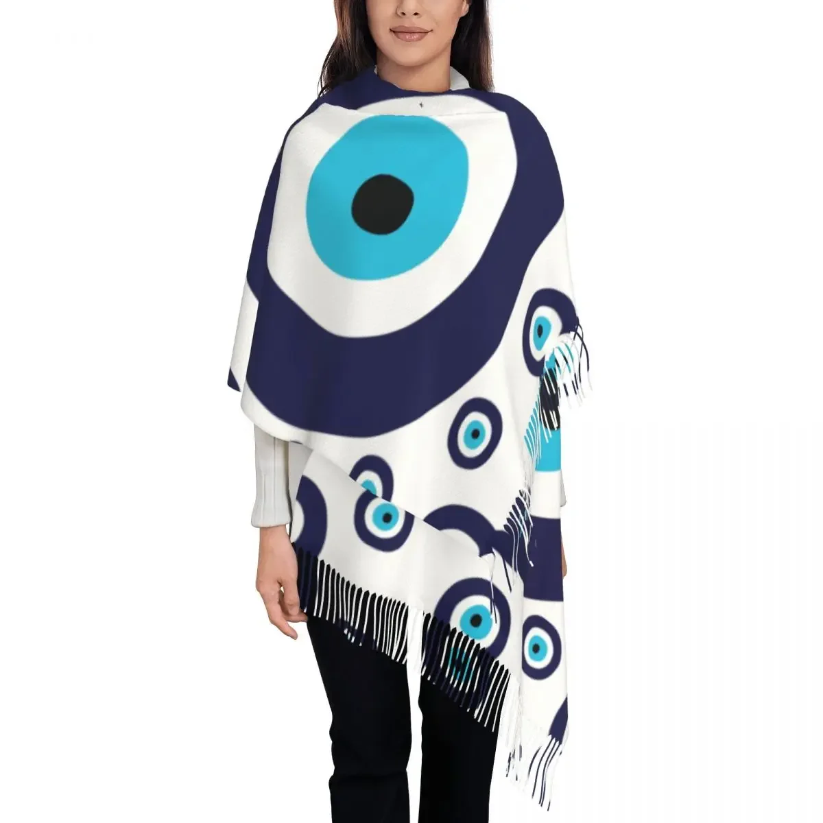 Custom Navy Blue And Aqua Nazar Evil Eye Lucky Charm Pattern Scarf Women Stylish Winter Shawl Wraps Amulet Boho Tassel 