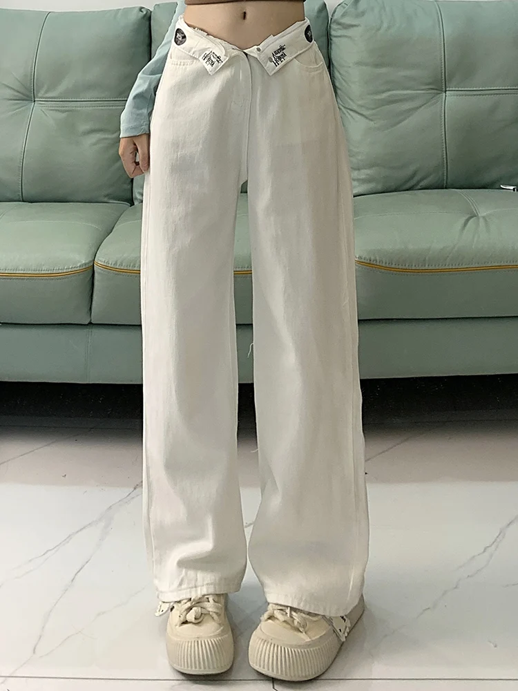 

Woman American Retro Flanging High Street Denim Straight Leg Jeans Female Washed High Waist White Slim Slacks Wide Leg Trousers