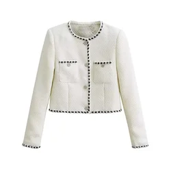 UNIZERA2023 Autumn and Winter New Women's Fashion White Small Fragrance Rough Tweed Round Neck Short Coat