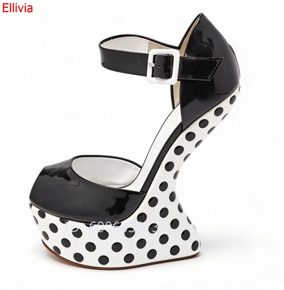 Women Polka Dot Wedge Sandals Peep Toe Ankle Strap Buckle Platform High Heels  Patent Leather Fashion Ladies Party Dress Shoes - view 3