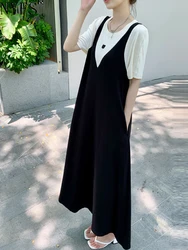 NYFS 2024 Summer New Korea Woman Dress Vestidos Robe Elbise Loose Plus Size Fake Two-Piece Short Sleeve Long Dress