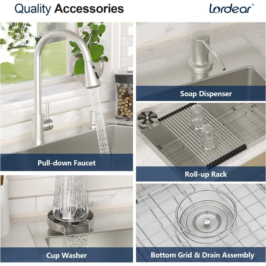 حوض مطبخ مقاس 33 بوصة مع مجموعة صنبور - حوض فردي متين من الفولاذ المقاوم للصدأ مقاس 16 للمطابخ الحديثة يتضمن #5