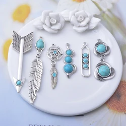 10pcs Antique Silver Color Alloy Imitation turquoise stone Long Earrings feather Dream catcher  Charms Jewelry sword Pendants