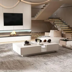 Modern Coffee Table with Lights & Glass Tabletop, Living Room Coffee Table with 2 Drawers, Central Table with Storage, White