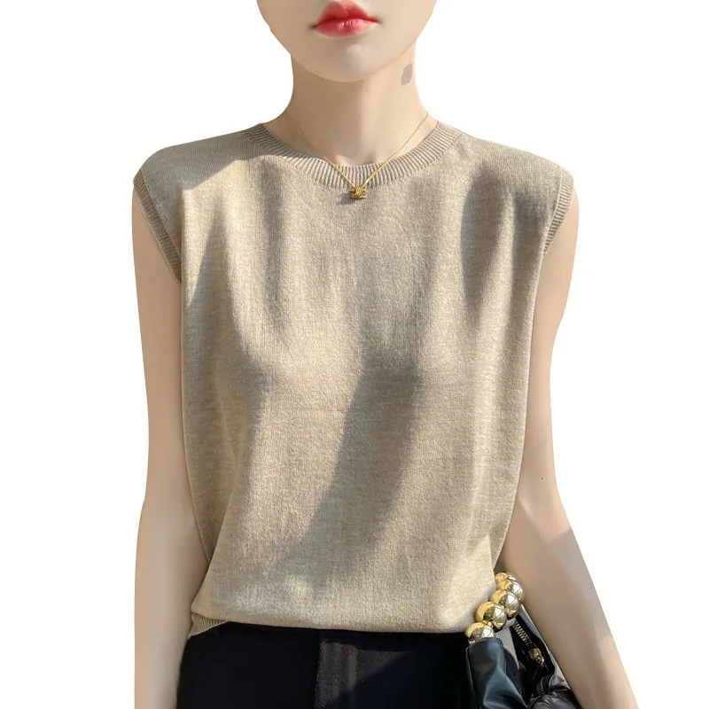 Topy damskie Dzianinowe podkoszulki O-neck Bez rękawów Koszulki z dołem Wiosna Lato Tank Top Solidny Miękki Koreański Moda Damska Dzianinowy Top — zdjęcie 6