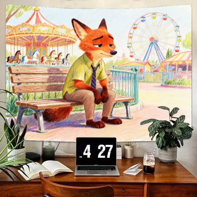 디즈니 주토피아 닉 와일드 폭스 만화 감성 태피스트리 모던 폴리에스터 벽 장식 거실 침실 기숙사 장식 선물 1개