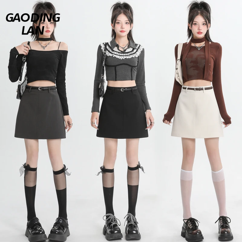 

GAODINGLAN with Belt High Waist Temperament Women Suit Skirts Summer Versatile Solid Mini Skirt Female Lining A Line Short Skirt