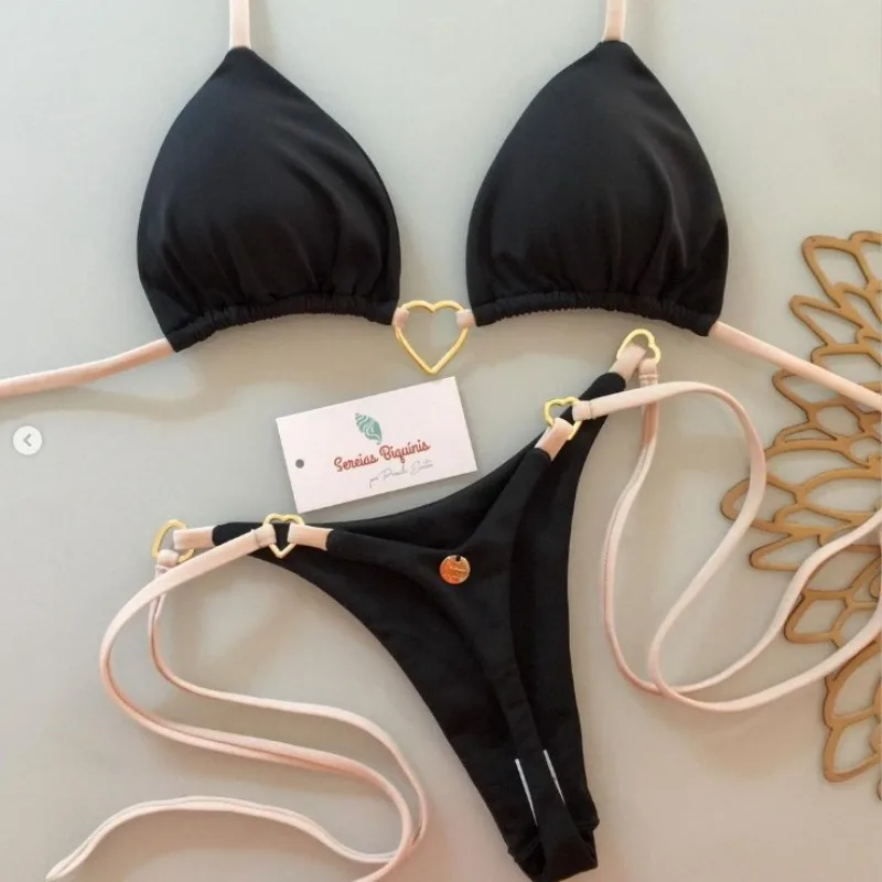 Women Bikini Set Contrast Gold Heart Ring Detail Triangle Top With Tie Side Thong Bottom Sexy Summer Beach Bathing Suit Swimwear view 3