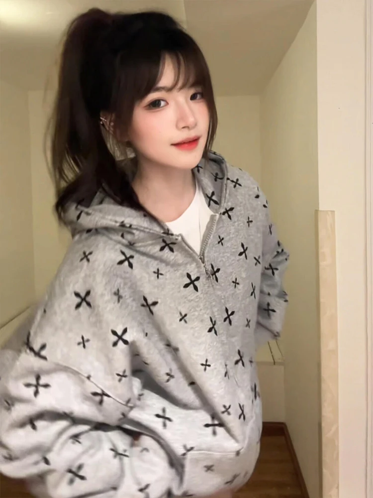 Gothic Cross Print Hoodie Cardigan Women's Spring Autumn 2025 New Couple's Sle American Gothic Trendy Coat Loose Fit Long S...