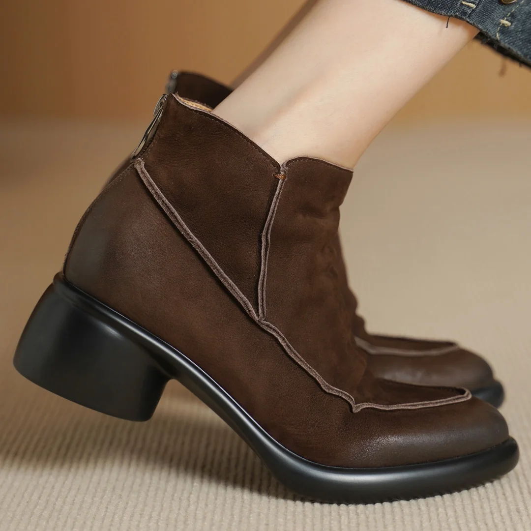 

Women's cow leather round toe back zip autumn ankle boots 5cm thick med heel platform casual female soft comfort short booties