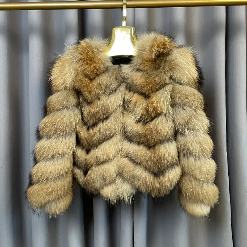 Wholesale Custom Real Fur Coat Winter Warm Natural Color Real Raccoon Fur Coat Long Sleeve Crew Neck Bomber Jacket