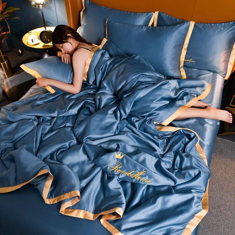 여름 쿨링 아이스 실크 에어컨 담요, 얇은 이불, 슈퍼 소프트 실키 싱글 더블 이불 스티치, Dormilocos Dormir Manta