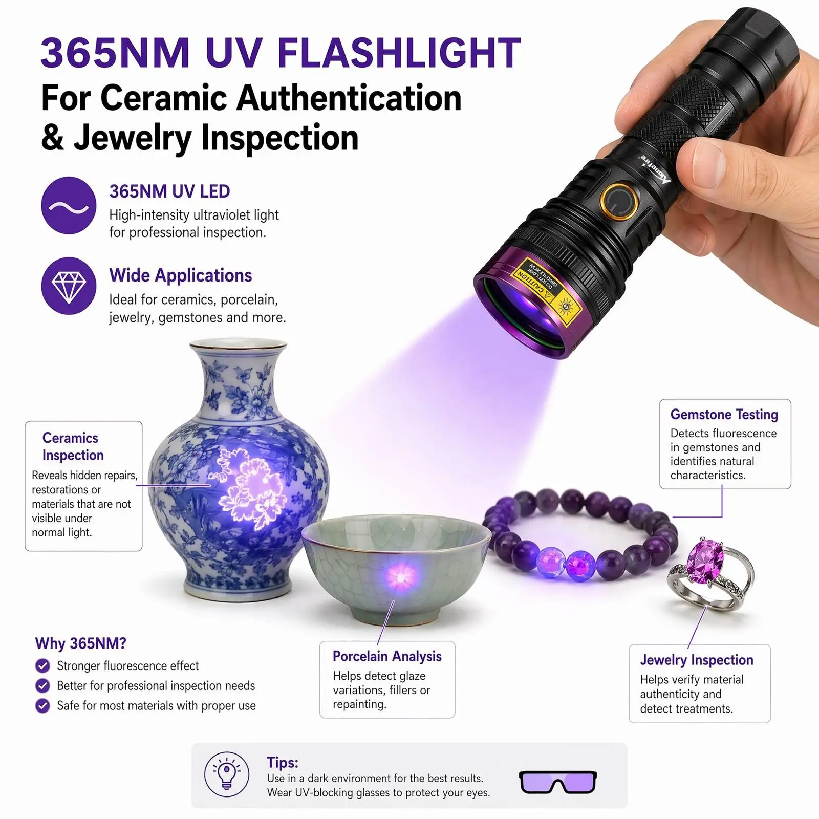 Alonefire SV18 365nm Hochleistungs-UV-Taschenlampe USB-Aufladbare Leuchte für Katzen- und Hundeurin, Tinea, Erz, Jade, Skorpion – Detail 11