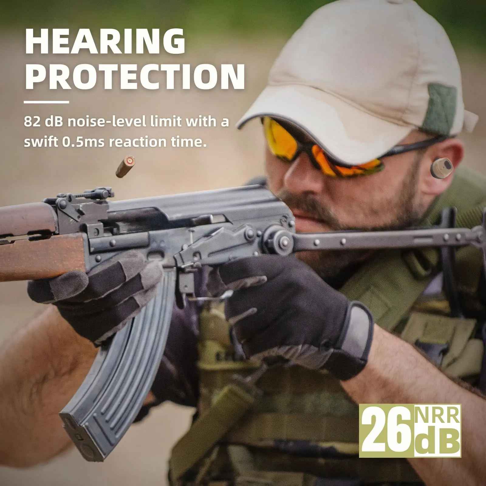 Tactical Hearing Protection Earplug, 26dB NRR/0.5ms Response/82dB Active Suppression,One Hand Operation, IP67 Build, 8-24hrs Use