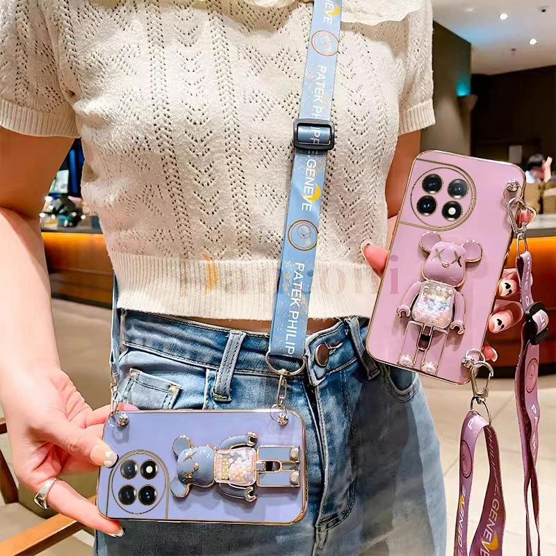 Cartoon Bear Lanyard Plating Phone Stereoscopic Holder Case For OnePlus 11 9 Pro 8T 11R  9RT 9R 10T 10 Pro 10R Cover