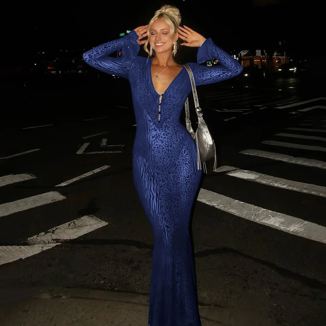 Bangniweigou sexy leopard print royal blue mesh robe women deep V-neck slim mesh long-sleeved dress evening see through gown