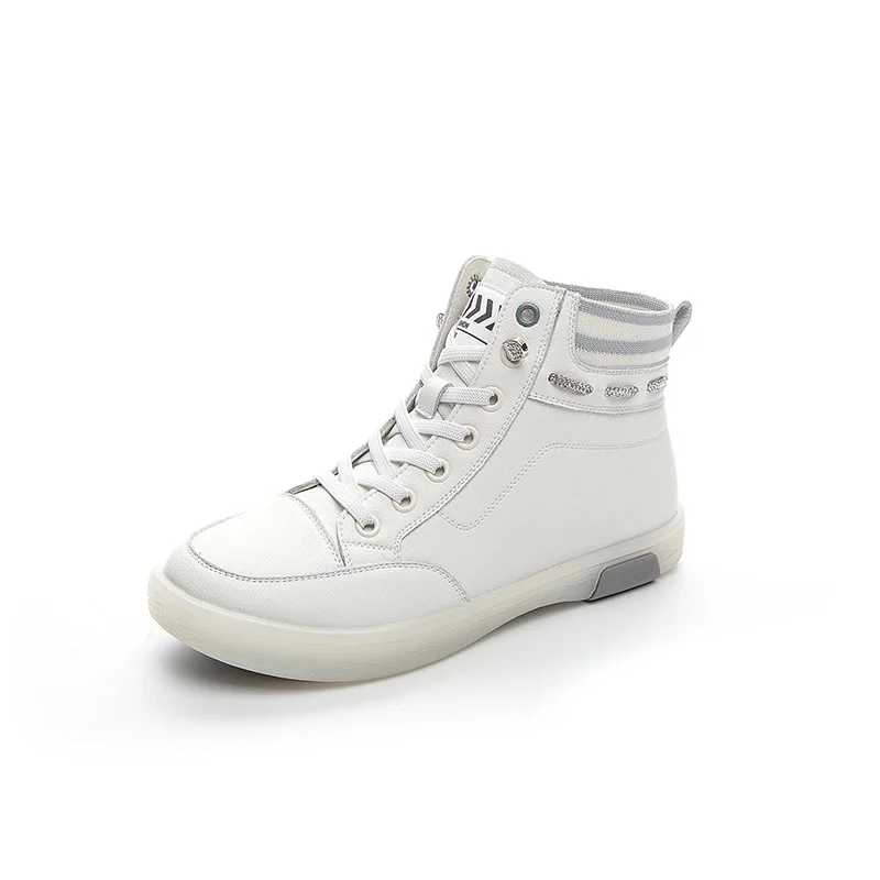 High Top Leather Women's Shoes 2023 Autumn New Drawstring Small White Shoes Soft Sole Leisure Elastic Flat Size 35-42