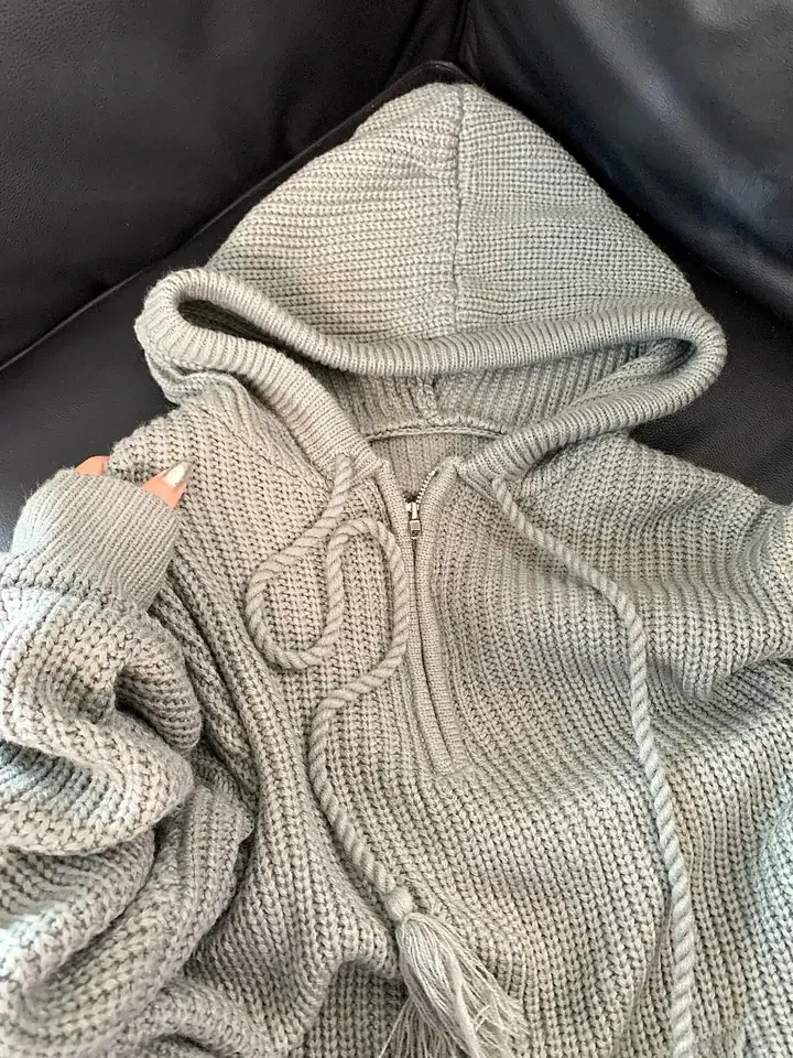 

Korean Hooded Sweater Women's Autumn Winter Fashion Half Zipper Knitted Top Solid Color Loose Versatile Pullover